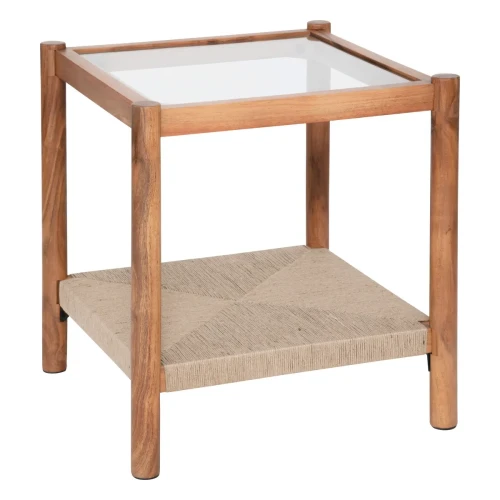 Drewniany stolik ze szklanym blatem i jutową półką Apala - Atmosphera