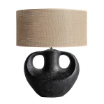 Czarna lampa stołowa z terakoty z jutowym abażurem - Vical