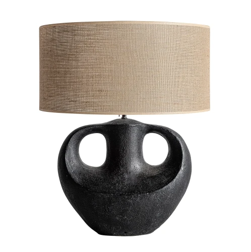 Czarna lampa stołowa z terakoty z jutowym abażurem - Vical