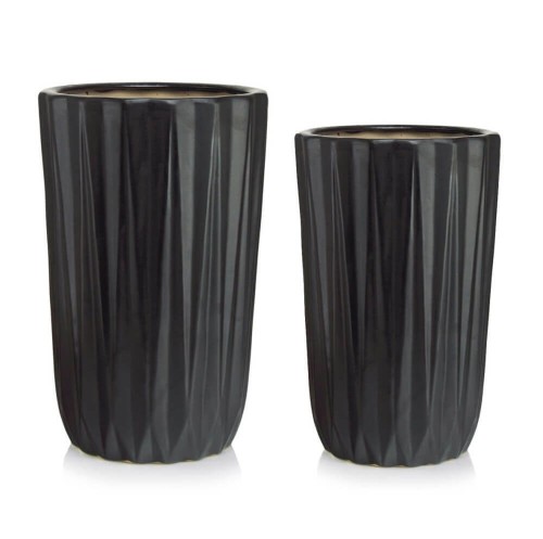 Wysokie donice ceramiczne z geometrycznym wzorem, czarne mat, 2 szt - Polnix