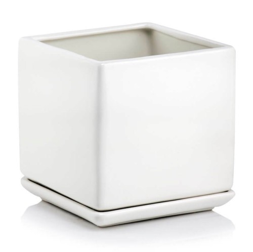 Kwadratowa doniczka ceramiczna z podstawką 20x20, biała - Polnix
