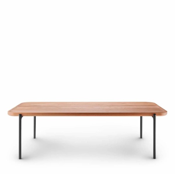 Niski prostokątny stolik kawowy z drewnianym blatem Savoye Nature 50x120 - PLEASE WAIT to be SEATED