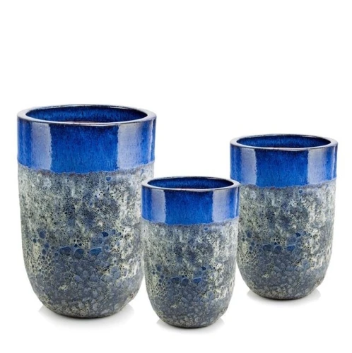 Donice ogrodowe ceramiczne wysokie szkliwione niebieskie, 3 szt - Polnix