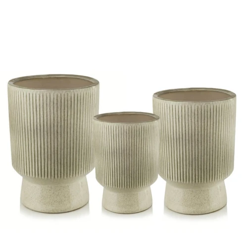 Donice na nodze ceramiczne kremowe z pionowym ryflowaniem, 42-46-49 cm, 3 szt - Polnix