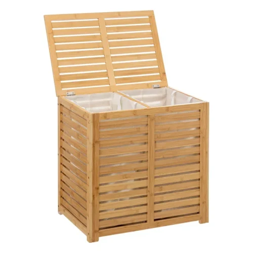 Drewniany kosz na pranie dwukomorowy 100L z bambusa, naturalny - 5five