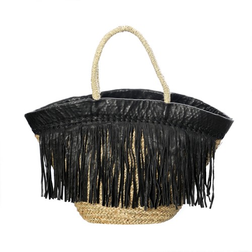 Torba shoper kosz Black Fringed z trawy morskiej i skóry BAZAR BIZAR