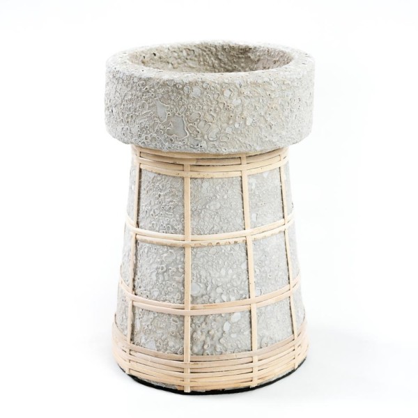 Decorative candle holder Serene Grey L terracotta and rattan - Bazar Bizar